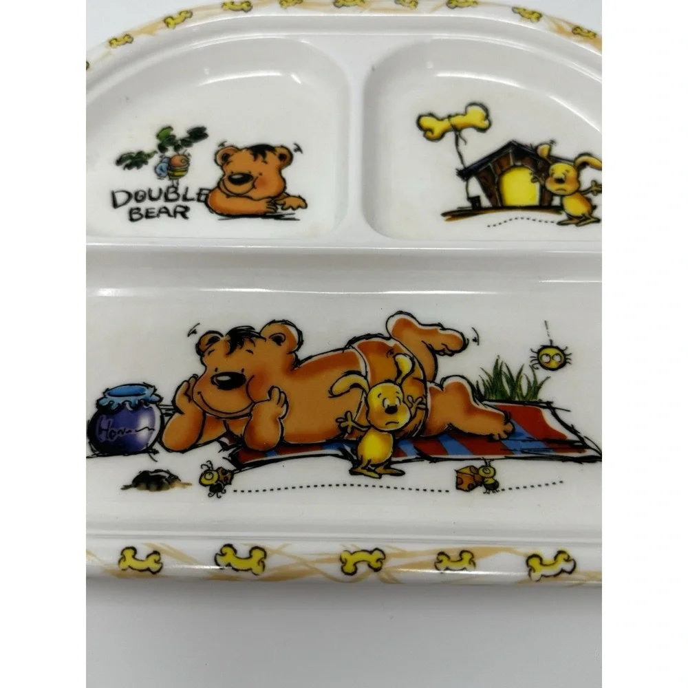 Vintage Melamine Ware Divided Children's Plate Double Bear 9.5